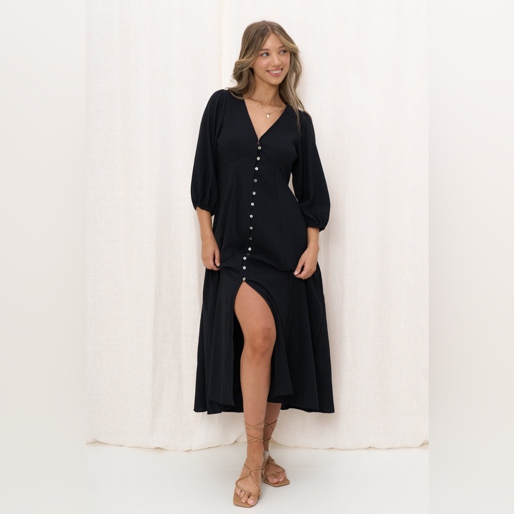 Iris Maxi Melina L/S Dress Black Size 8 Button Front V Neck Puff Sleeves - Picture 2 of 13